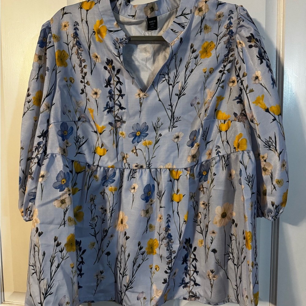 SHEIN Curve Floral Top in Light Blue and Cream
